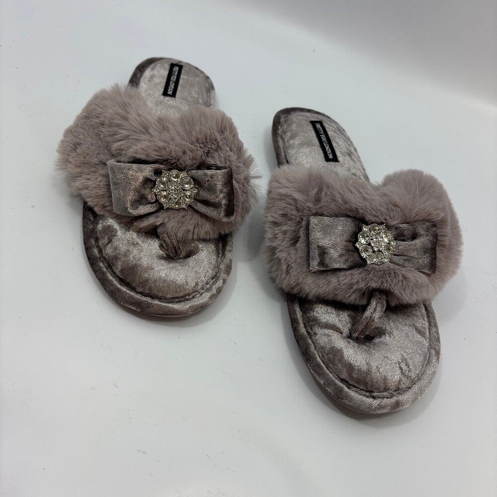 Pretty You London Gray Faux Fur Slippers with Rhinestone Bow